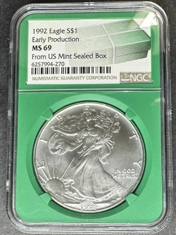 1992 年アメリカン シルバー イーグル 初期生産 NGC MS-69、3 点購入で 5 ドル割引!!