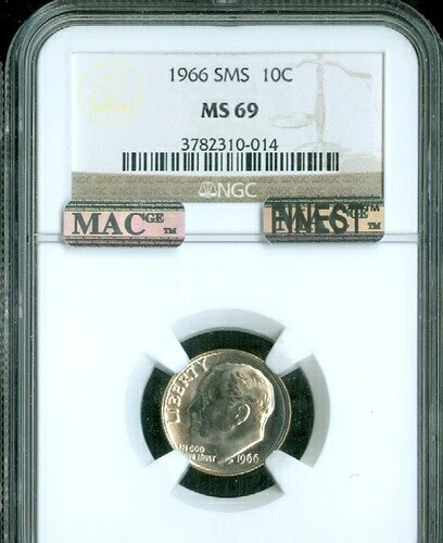 1966年ルーズベルトダイムNGC MS69 SMS MAC 最高グレード＆スポットレス。