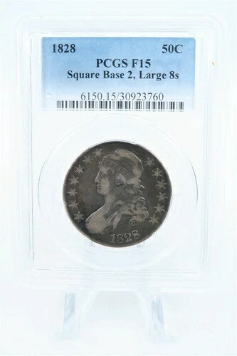 1828-P PCGS F15 スクエアベース 2 ラージ 8s キャップドバスト ハーフダラー 50セント|WORLD RESOURCE【KING店】