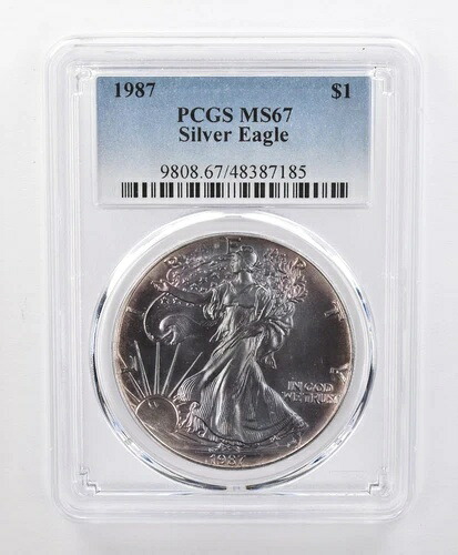 MS67 1987年 アメリカンシルバーイーグル PCGS 美しいトーンのブルー/パープル *1204｜WORLD RESOURCE【KING店】