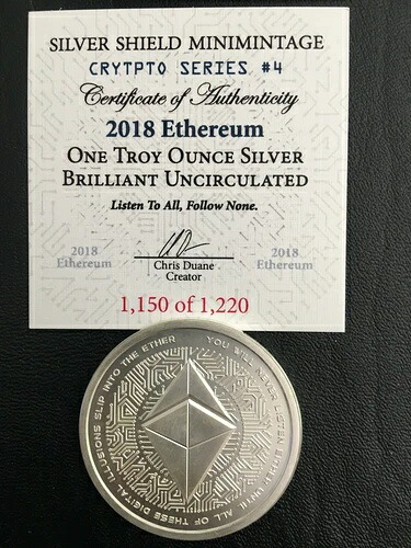 10%割引 Silver Shield Ethereum 2018 1オンス BUラウンド ミニミント 暗号 COA付き｜WORLD RESOURCE【KING店】