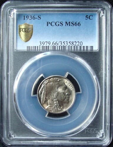 1936-S バッファローニッケル - PCGS MS 66 - ゴールドシールド