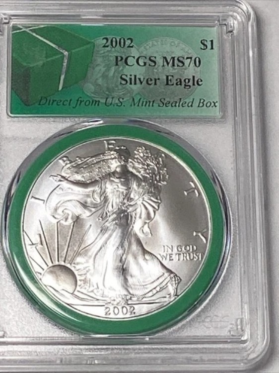 2002年 アメリカン シルバー イーグル PCGS MS70 グリーン モンスター ボックスホルダー|WORLD RESOURCE【KING店】