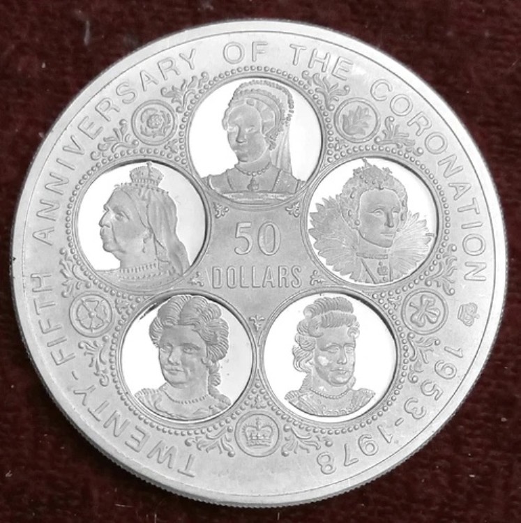 1978年 ケイマン諸島 6クイーンズ $50 コロネーション ANO 、低鋳造プルーフ、64.94グラム