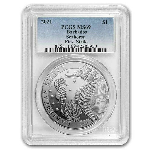 2021年 バルバドス カリブ海 シーホース 1オンス 999 シルバーコイン PCGS MS69｜WORLD RESOURCE【KING店】