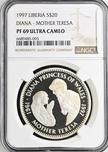 1997年 リベリア 20ドル銀貨、ダイアナ妃、マザー・テレサ -NGC PF 69 ウルトラカメオ｜WORLD RESOURCE【KING店】
