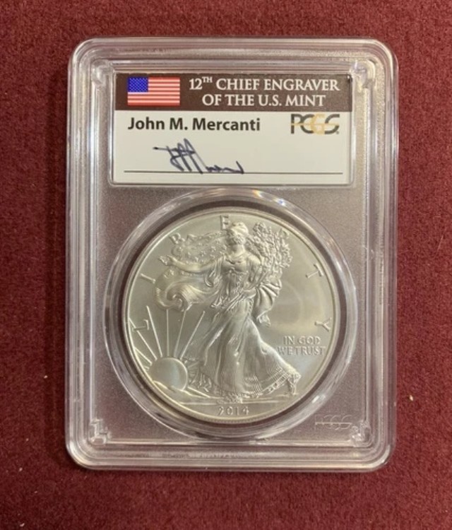 2014-W $1 バーニッシュドシルバーイーグル PCGS SP70 メルカンティ サイン入り