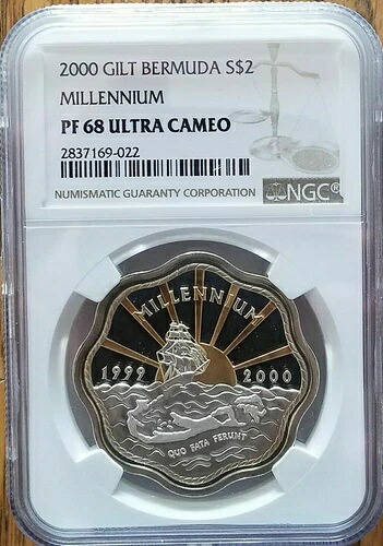 2000年 バミューダ シルバー 2ドル ミレニアム NGC 68 シルバー 28グラム .925スターリング スカロップ