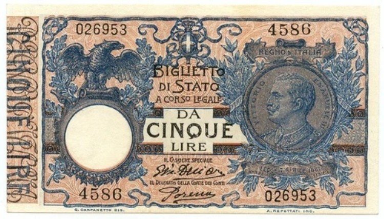 5 リラ BIGLIETTO DI STATO ヴィットリオ・エマヌエーレ 3 世 フロレアーレ 14/10/1917 SUP+｜WORLD RESOURCE【KING店】
