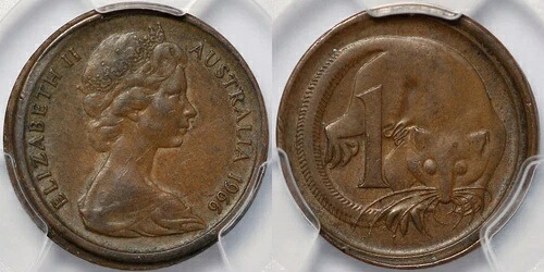 PCGS AU58 オーストラリア 1966年 セント 部分カラー ミントエラーコイン 未使用品