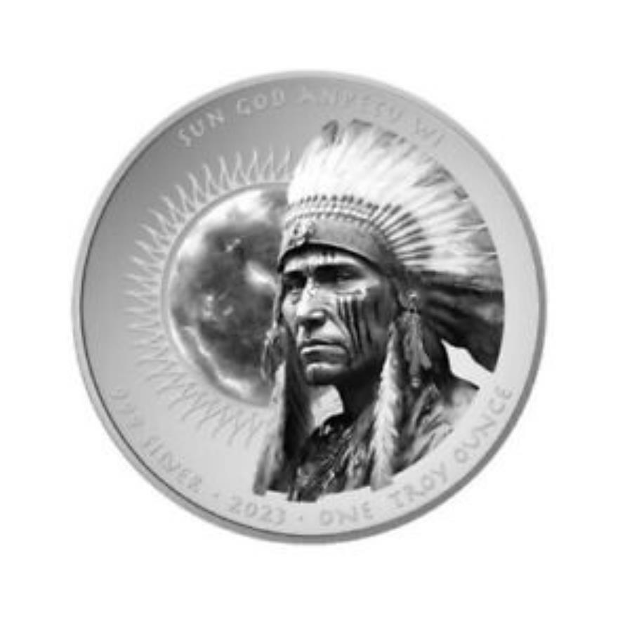 【極美品/品質保証書付】 アンティークコイン モダンコイン [送料無料] 2023スー国民神アンペトゥ1オンスシルバーコイン-999ミンテージ 2023 Sioux Nation Sun God Anpetu 1 oz Silver Coin - 999 Mintage画像