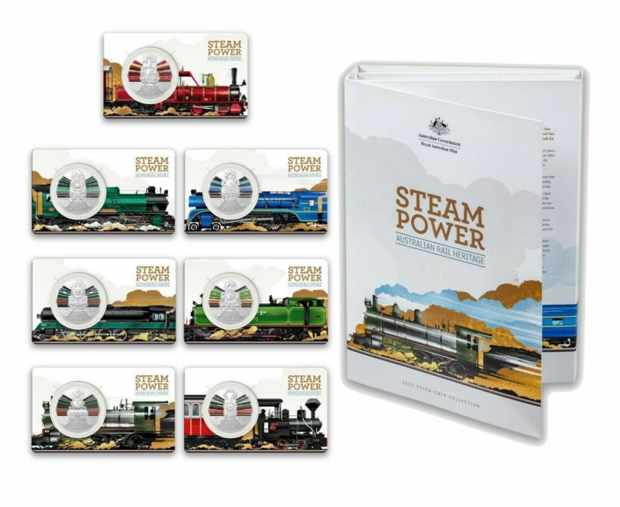 2022 7x50C 'QLD-NSW-VIC-TAS-SA-WA-COMMOMWEALTH TRAIN STEAM POWER'カードコイン 2022 7x50c 'QLD-NSW-VIC-TAS-SA-WA-Commomwealth Train Steam Power' Carded Coins