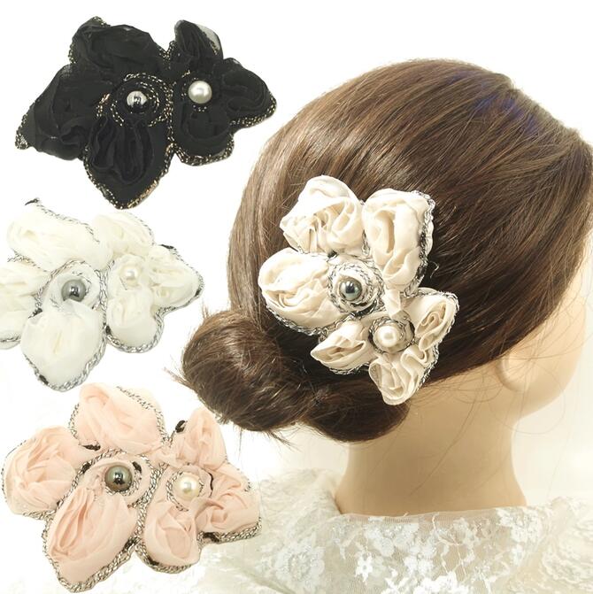 【社交ダンス ヘアアクセサリー】スパンコール コサージュ ヘアピン 髪 頭 飾り ヘアピン パッチン留め スパンコール葉っぱ付 シフォンの