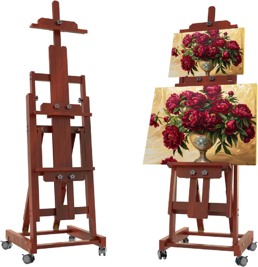 イーゼル ブナ木製 大型イーゼル 135-207cm 角度調節 水平絵画 移動可能 垂直収納可能 2つ多規格張りキャンバスを対応 最大196cmの張りキャンバスを対応 安定性高い H型フレーム 画架 スタンド キャンバス立て スケ Walnut