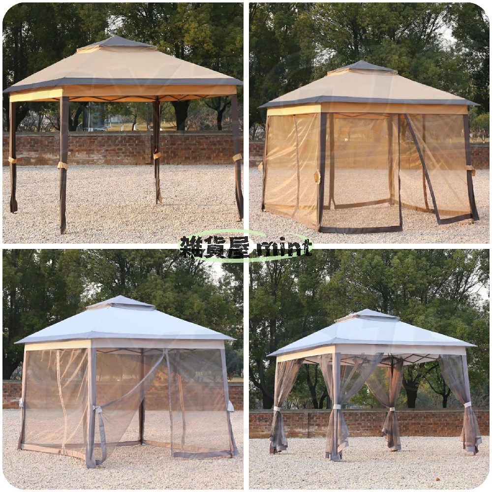 タープテント ガゼボ 3.3×3.3m 折りたたみ式 ワンタッチ パーゴラ 高さ調整 防水 日よけ 防虫メッシュ 大型テント スクリーンタープ アウトドア キャンプ バーベキュー 庭園用 ポータブル 素早く組み立て 収納バッグ付き カーキ|ViViva