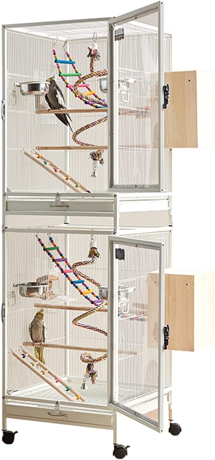 大型インコ用 二重層 防錆金属製鳥かご オカメインコ ラブバード 46x46x149cm ローリングスタンド付き 下部トレイ 鳥ケージ 大型 鳥