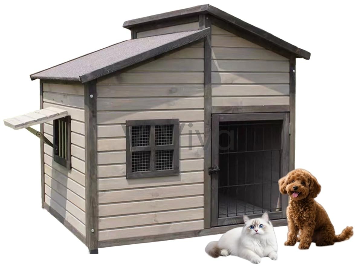 犬小屋 猫 ハウス ペットハウス 無垢材 ペットハウス 犬舎 84*74*80.5cm 屋根とドア窓付き ドッグハウス 通気性 日焼け対策 防風 防雨 安定性と耐久性 組立簡単 小型犬 中型犬 大型犬 家庭 テラス 裏庭 室内 屋外|ViViva