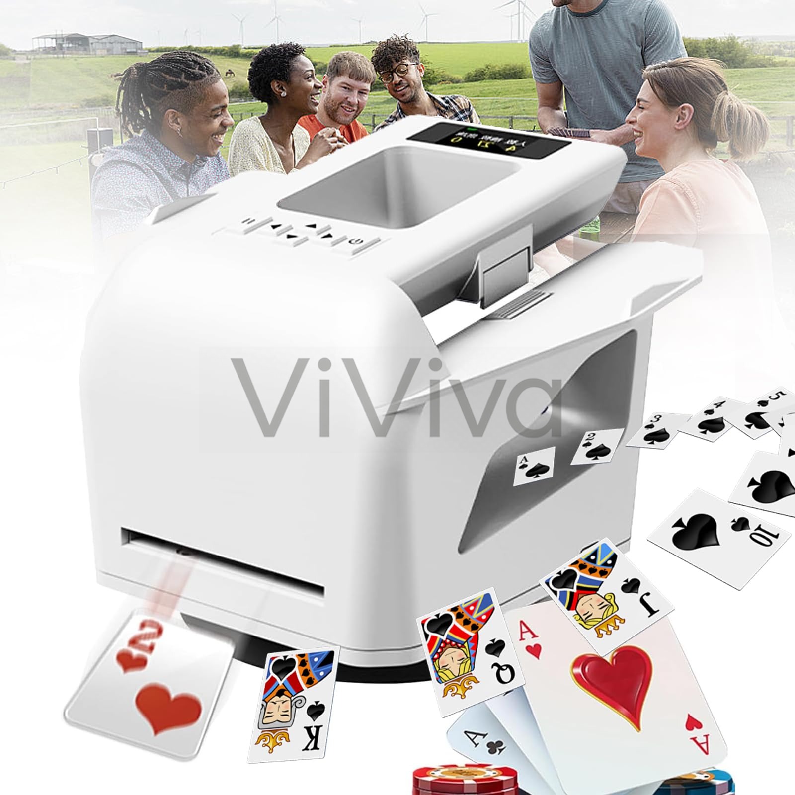 2-in-1自動カードシャッフル&カードシャッフラー トランプ シャッフル機 ディーラー、4000mA充電式360°回転カードディーラー、OLEDディスプレイ付き、タッチコントロール、取引距離と速度調整可能、カジノトランプテー|ViViva