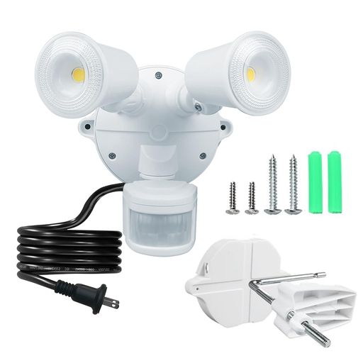コンセント式、LED人感センサーライト、屋外用、2灯式、防雨仕様、明るさ2500ルーメン、AC100V50/60Hz、電源コード5m、省エネルギー、?日本語の取扱説明書