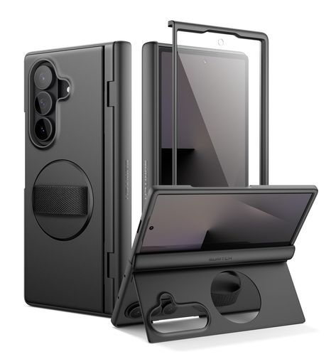 SURITCH対応SamsungGalaxyZFold7ケース360°回転式ハンドストラップ、グリップホルダー、キックスタンド、スクリーンプロテクター、ヒンジ保護機能付き、スリムで頑丈な耐衝撃保護カバーブラ…