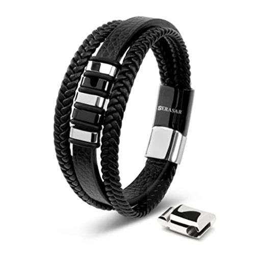 [SERASAR]メンズシルバーブレスレット23cmブレスレットメンズギフトボックスPUレザー編組磁気クラスプ多層ラップ男性男性バンドジュエリーマグネットアクセサリー