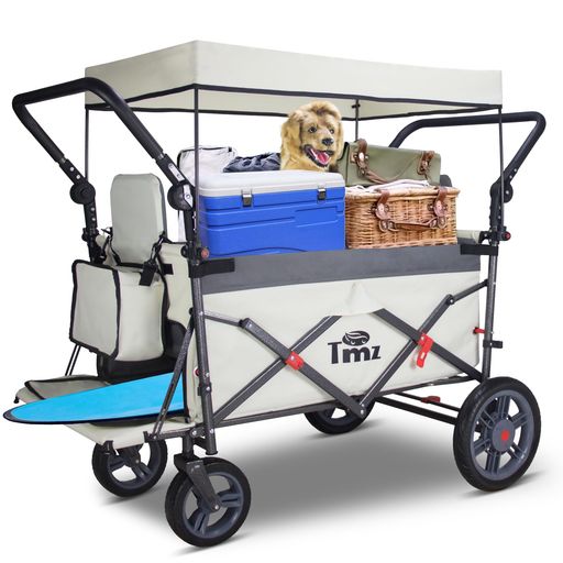 TMZキャリーカートアウトドアワゴン、折りたたみ式、ダブルシートとシートベルト付き多機能カート、荷室開閉と拡張可能、前後ダブルプッシュハンドル、耐荷重約120kg、小物バッグとス…