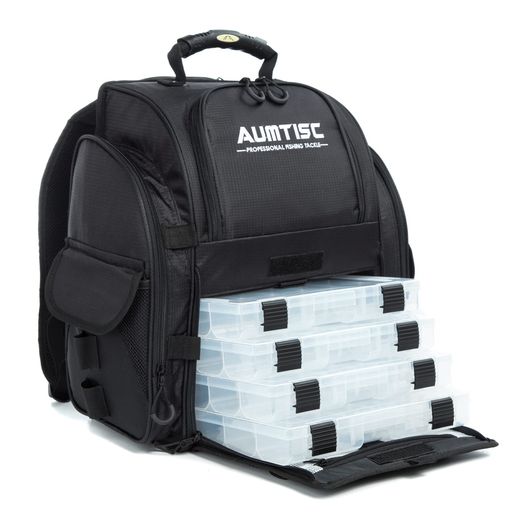 AUMTISC メンズ フィッシングタックルバッグ バックパック|タックルボックス4個・ロッドホルダー2個・レインカバー付|キャンプ・ハイキング用 大型釣りバッグ(ブラック)|VlookupStore 店