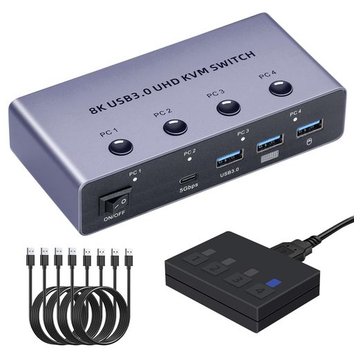 BLUPOW8K@60HzKVM取り替えっこ4インプット1最終生産物USB鍵盤・二十日鼠・管するを分かち合うHDMIマイコンうつり変わり器(パソコン4台用)4K@120hzHDCP2.3相応う手元取り替えっこ/USB有線テレビ付き添い人VA580N