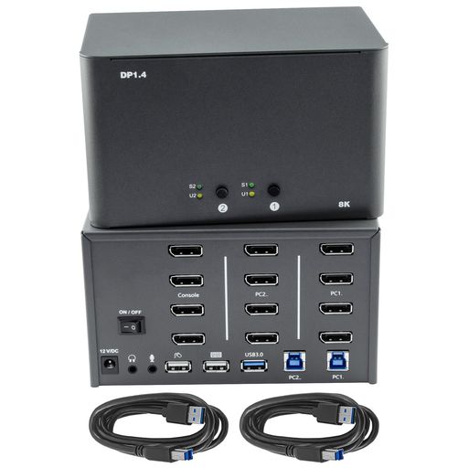 ByteccKVM取り替えっこ管する4台、電子計算機2台、インプット2つ、最終生産物4つ、8kDisplayPort取り替えっこ、USB3.0万力付き添い人、鍵盤と二十日鼠書き割りを2台の電子計算機で分かち合う、Windows/Mac/リナックス相応う