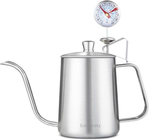 Easyworkzグースネックケトル600ml温度計付きステンレス鋼コーヒーポットハンドドリップ「シルバー」