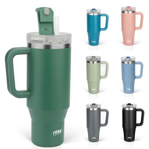 TYESOタンブラー0.9L水筒保冷ステンレスボトルウォーターボトルストロー取っ手付きジョッキアウトドア真空断熱二重構造広口大容量直飲女の子男の子900mlダークグリーン