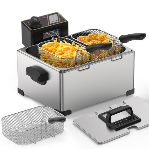 BriSunshine フライヤー 電気 5L 卓上フライヤー 3つのバスケット付属 業務用 家庭用 100V 1400W 60°C-200°C温度調節 天ぷら 唐揚げ ポテト 丸鶏対応 ステンレス製 防錆 お手入れ簡単 日本語説明書…|VlookupStore 店