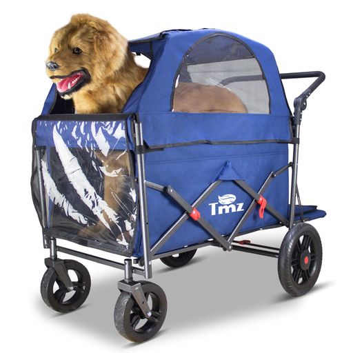 TMZペットカート大型犬・中型犬多機能キャンプカート取り外し可能な屋根前後両サイド開閉可の出入り口クイックフォールディング4輪ワンタッチ取り外しハンドル角度調節後部足踏みブ…