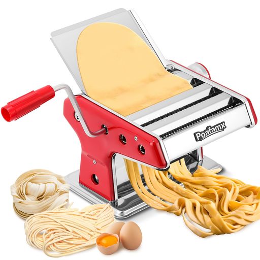 Poafamxパスタマシン手動3カッター2/4.5mm/8mm6段階厚み調整製麺機ステンレス鋼うどん/スパゲティ/そば/中華麺/ラーメンなどパスタメーカー家庭/業務用日本語取り扱い説明書付き(赤い色-3カ…