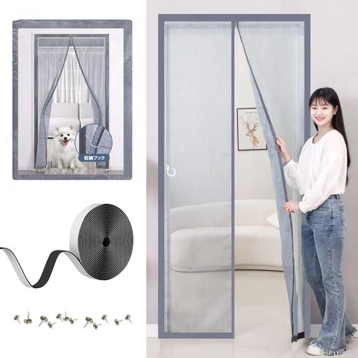 KANIYA網戸(100x220cm)マグネット玄関網戸網戸カーテン簡易網戸収納バックル付き静音仕様取付簡単自動で閉まる換気対策
