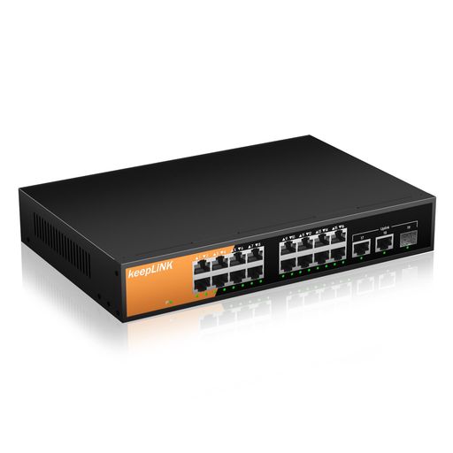 keepLiNK スイッチングハブ 16ポートGiga PoE (240W、 Giga PoE+ x16、Giga Uplink x2、1.25G SFP x1) 金属筐体 静音ファンレス 設定不要｜VlookupStore 店