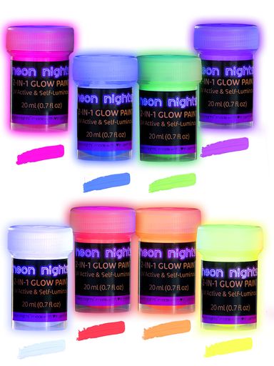 neonnights(ネオンナイツ)2-in-1暗闇で光るアクリルペイントセット暗闇とUVブラックライトで光る自発光式ネオンペイント8色ハロウィン用ドイツ製プレミアム品質8x20ml0.7液量オンス