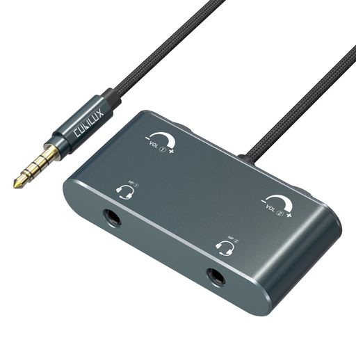 Cubilux3.5mm2イン1ヘッドセットアダプター音量調整付きデュアルTRRSマイク端子搭載2人用ヘッドホン分配器会議・録音・オンライン授業・音楽共有に