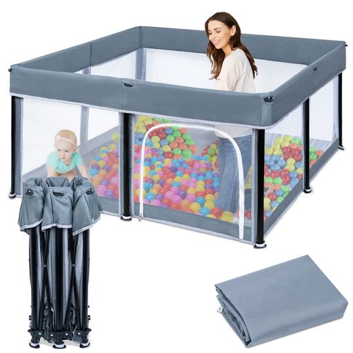 BQKOZFINベビーサークル127x127x65cm正方形コンパクト折りたたみ可能扉付き大型babyplaypenプレイヤード滑り止め吸盤メッシュタイプ洗濯可能子供、ペットが利用可能収納バッグ付き室内外対応…