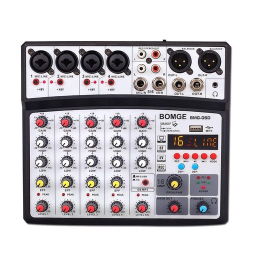 BOMGE6チャンネルdjオーディオミキサー、MP3USBBluetooth、48Vファンタム電源、5V電源、99DSPエコーエフェクトミキサー(ライブ、音楽、カラオケ、ポッドキャスト用)(黒)