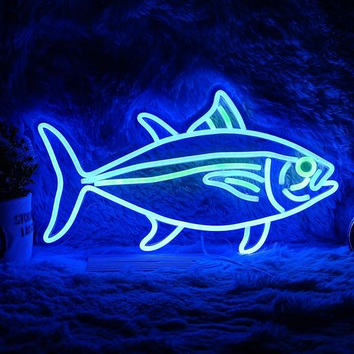 マグロネオンサインブルーグリーン魚ネオンライトサイン調光可能LEDネオンライトネオン看板壁飾りライト寝室リビングルームレストランオフィス装飾ライト誕生日プレゼント(16.9’’X9.6…