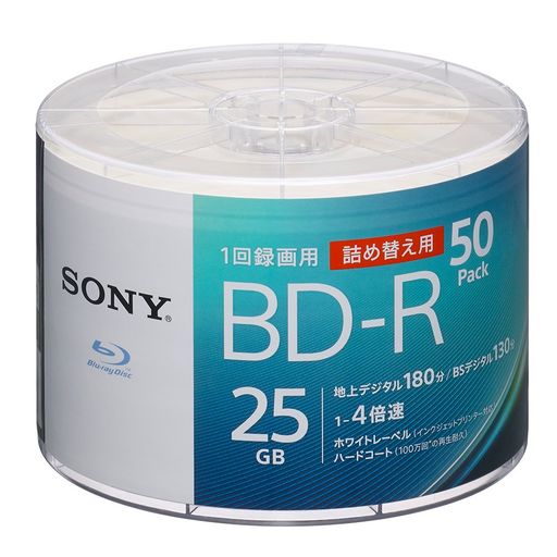 ソニー(SONY) ブルーレイディスク BD-R 25GB (1枚あたり地デジ約3時間) 1回録画用 50枚入り 4倍速ダビング対応 ケース無し 50BNR1VJPB4｜VlookupStore 店
