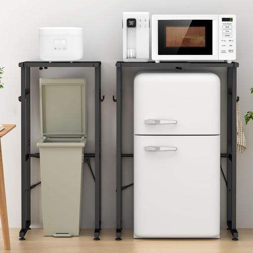 Holdmゴミ箱上ラックレンジラックスチール伸縮40-60x奥行40x高さ86.5cm耐荷重25kgフック8個付アジャスター付きゴミ箱上収納きっちんらっく収納(ブラック)