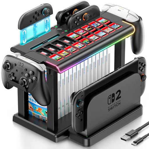 Switch2Joy-Con充電スタンドマグネット式RGBライトモード変更可能ジョイコン2/Switch2ドック/ゲームソフト/プロコン収納スタンド縦置きSwitchコントローラー周辺機器NintendoSwitch