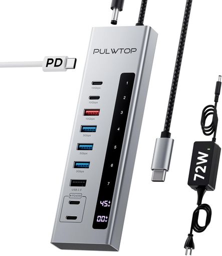 PULWTOP パワード USB C ハブ、10-in-1 USB 3.2 データハブ、USB A/C 10Gbps x 3、USBA 5Gbps x 3、USB A 2.0、100W PD入力、24/45W Type-C充電ポート x 2｜VlookupStore 店