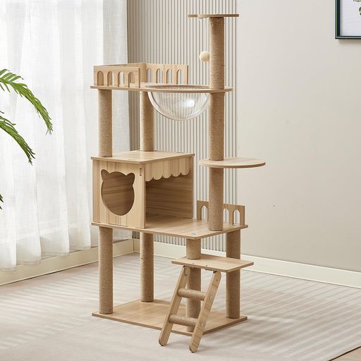 Yinanroaキャットタワー-スリムデザイン大型猫用老猫や肥満猫、子猫向けキャットハウス宇宙船型透明ボウル多頭飼い対応組み立て簡単安定性多段階のステップ省スペース天然麻紐の爪とぎ…