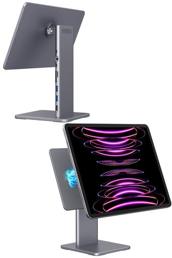 iPad スタンド USBハブ Type-C 7in1 マグネット吸着タイプ iPad Pro 12.9インチ 対応 スペースグレー/USB TypeCx1 TypeAx2 SD microSD HDMI イヤホンジャック/角度が調節できる 360度回転|VlookupStore 店