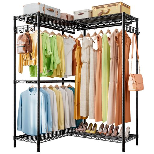 Huaniunハンガーラック頑丈服収納ワードローブ衣類大容量ハンガーシェルフ棚付き洋服掛けスチールラック幅145x奥40x高さ193cm