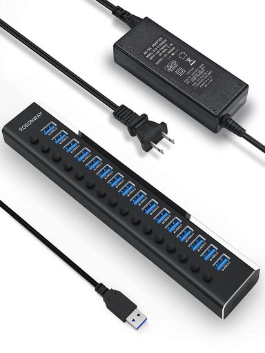ROSONWAY USB ハブ 3.0 16ポート アルミ製 USB Hub 100W セルフパワー USBハブ 5Gbps高速転送 12V/8.3A ACアダプタ付き 独立スイッチ(RSH-A16)|VlookupStore 店