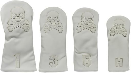 ScottEdward4点セットホワイトスカルゴルフクラブカバー、厚手合成皮革、防水・耐磨耗性、#1#3#5#H用、ドライバー/フェアウェイ/ハイブリッドウッドに適合